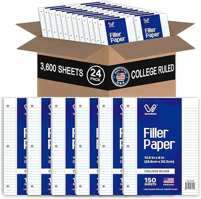 Notebook Paper USA-Made Loose Leaf Paper, 24 Pack 3600 Sheets 8"x10.5" College Ruled - 3-Hole Punched Bulk Filler Paper for 3-Ring Binder, 150 Sheets/Pack, Wholesale Available