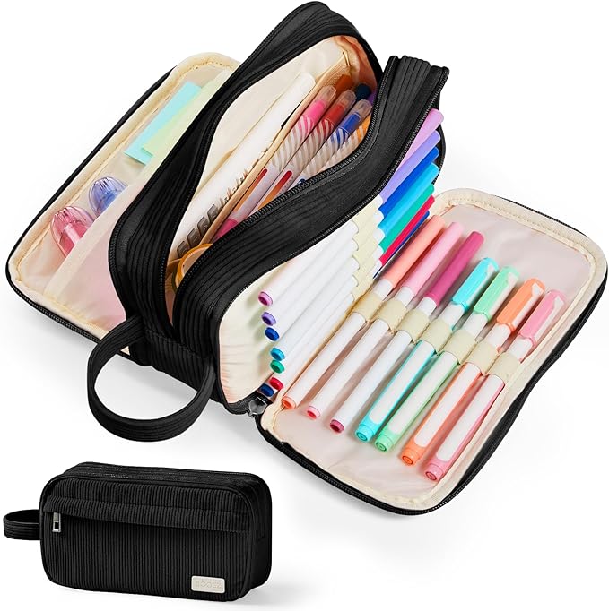 Sooez High Capacity Pencil Case, Soft Corduroy Pencil Pouch with 4 Compartments, Multiple Pockets, Large Pencil Bag with Sturdy Zipper, Cute Pencil Case Pouch Organizer for Student Teen Girls, Black