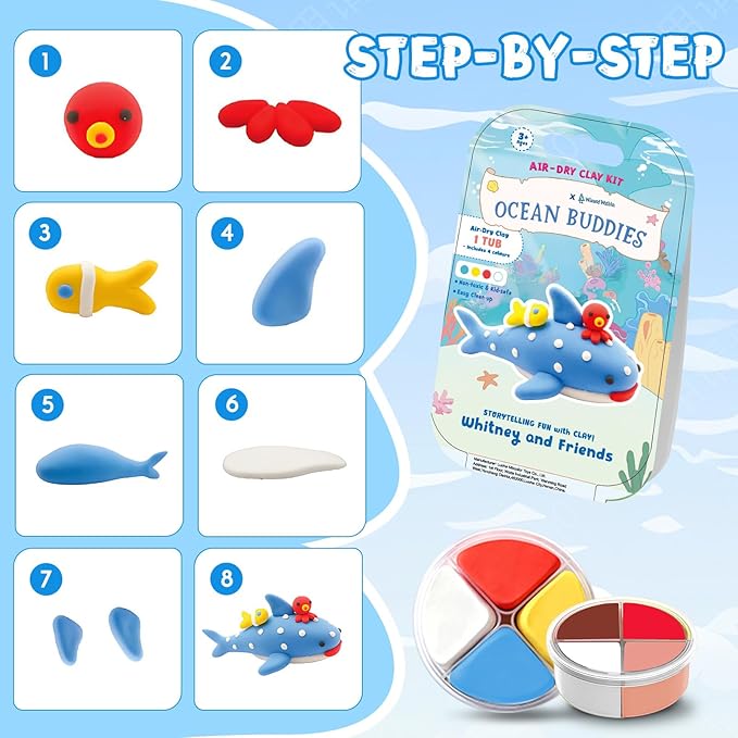 Ocean Buddies Air Dry Clay Kit for Kids - 12 Marine Animal Models with 4 Colors & Sculpting Tools, Ultra Light & Soft Modeling Clay Set, Non-Toxic DIY Arts and Crafts Gift for Boys & Girls Ages 3+