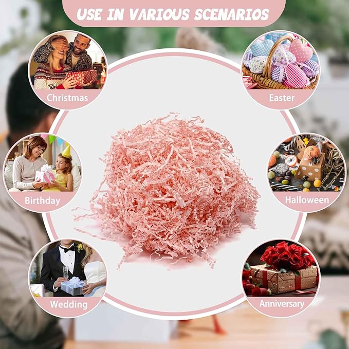 Tisspoms 3LB Pink Crinkle Cut Paper Shred Filler, Paper Shreds for Basket Fillers, Birthday, Gift Wrapping, Anniversary, Wedding, Halloween, Valentine's Day, Christmas Gift Decor Party Filler