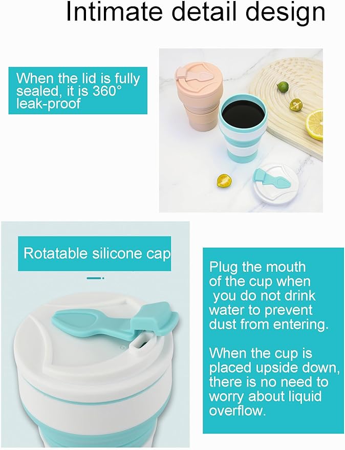 Collapsible Cup for Traveling and Camping with Lid Reusable Portable Coffee Mug Hot and Cold Drinks Leakproof Eco friendly Silicone Lightweight (Large 16oz/500ml, Blue)