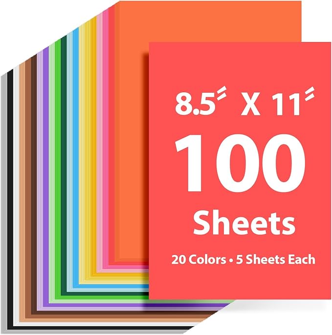 100 Sheets Colored Cardstock 8.5 "x 11", 65LB 180GSM Craft Bulk Construction Paper, 20 Assorted Colors Card Stock Paper for School & Office, Card Making Printer Scrapbook Decorations DIY Crafts