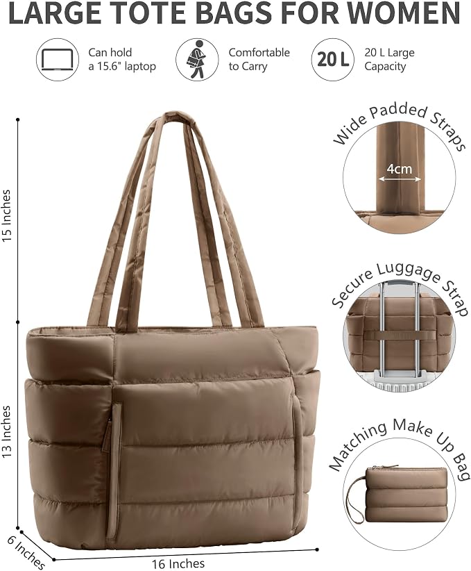 Bagstellar Puffer Tote Bag for Women, Lightweight Puffy Work Handbag Teacher Nurse Quilted Shoulder Bag for School Travel Gym | Cloud Bag w/ Zipper