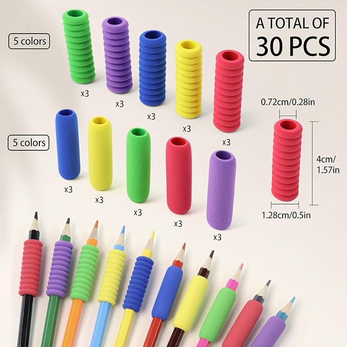 Pencil Grip Soft Foam Pencil Grips for Handwriting 1.5 Inch Comfort Pencil Holder for Writing Aid 5 Color (15 Pcs Annular 15 Pcs Classics)