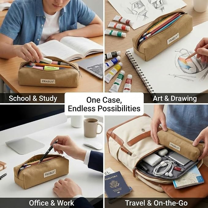 Canvas Pencil Case Pouch – Multipurpose Pen Bag Stationery Brown | Heavy-duty canvas, smooth alloy zipper, cute organizer for girls and boys, ideal for stationery, cosmetics, tech gear