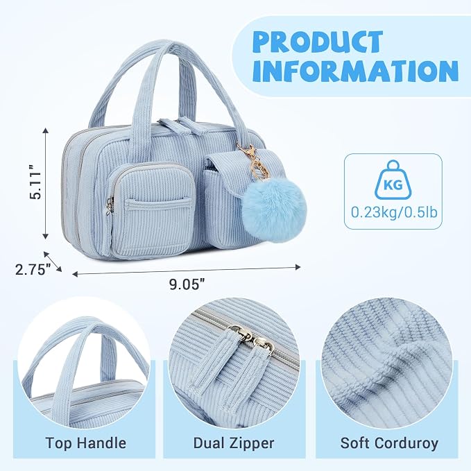 Pencil Case Corduroy Multiple Compartments Pouch Bag for Girl, Blue