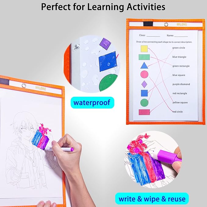 MILEKE Heavy Duty Dry Erase Pockets, Rewritable Dry Erase Sleeves for School and Work, Clear workSheet Protectors, 10" x 13.5" Plastic Ticket Holders, 6 Colors Assorted, Pack of 6
