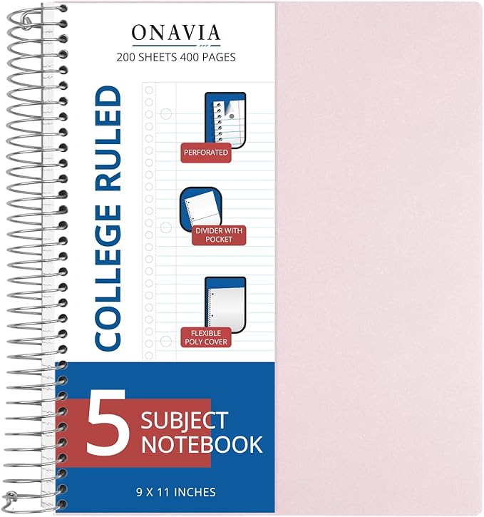 ONAVIA 5 Subject Spiral Notebook, 1 Pack, College Ruled, 9 x 11 in, 200 Sheets, Poly Cover, 3-Hole Punched with Dividers and Pockets for Classroom Study, Pink