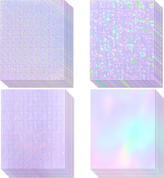 36 Sheets Holographic Sticker Paper, Transparent Holographic Vinyl Laminate Film, Clear Overlay Lamination Sticker Paper Self Adhesive Waterproof - Gem, Dot, Colorful, Star Patterns/8.5x11 inch