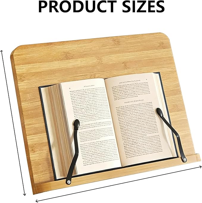Bamboo Adjustable Book Stand, Large Wood Book Holder for Reading, Cookbook Stand for Kitchen Home Office, Sturdy Book Holder with Easy Installation