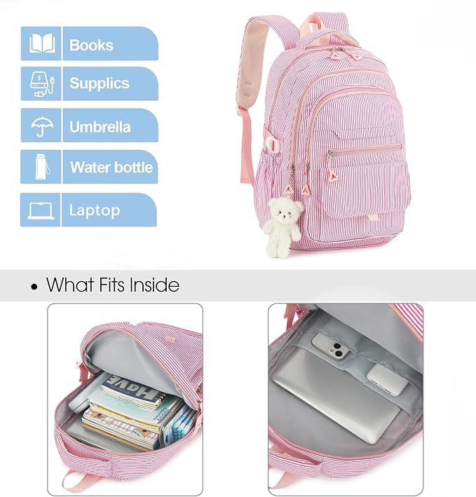 PRLINJSK Girls Backpack for College High Middle School Student, Cute Aesthetic Bookbag for Teens Women with Accessories