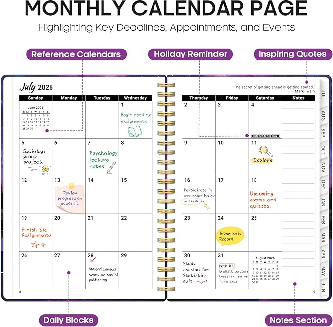 Planner 2026–2027, Academic Monthly Weekly Spiral Calendar, July 2026 – June 2027, Hardcover Agenda Notebook with Tabs, 6.3" x 8.5", Perfect for Students, Teachers, School & Daily Planning - Violet Lagoon