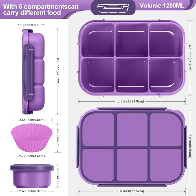 Amathley Lunch Box Kids Girls Boys,Bento Box Adult,Toddler Lunch Containers for School,Leakproof Snack Containers with 6 Compartments,Sauce Container,10 Food Picks and 4 Muffin Cups (Purple)