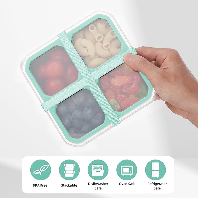 BEFOY 4 Pack Stainless Steel Snack Containers with Lids 4 Compartment Food Storage Containers for Adults & Kids Meal Prep Containers Reusablele (BLUE, 4)