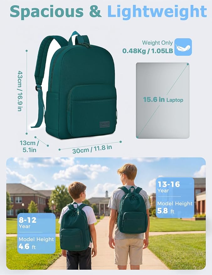 VASCHY School Backpacks, Lightweight Bookbag Schoolbag for Boys Girls Casual Basic Simple Daypack for Men Women Dark Green