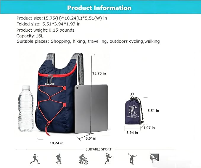 levayhill 16L Lightweight Foldable Hiking-Backpack Small Packable-Daypack For Travel,Ultralight Water-Resistant Gym Bag Men Women Easy Carry-on (Navy blue)
