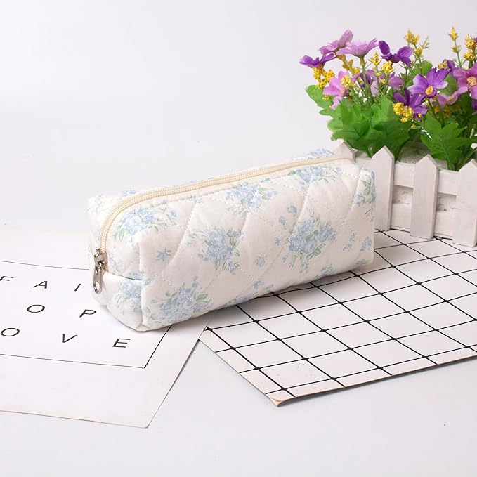 Pencil Case Office College School Storage Bag Pouch Holder Box Organizer Makeup Pouch Cosmetic Bag Aesthetic Cute Pen Case for Girls Boys Kids (Blue rose)