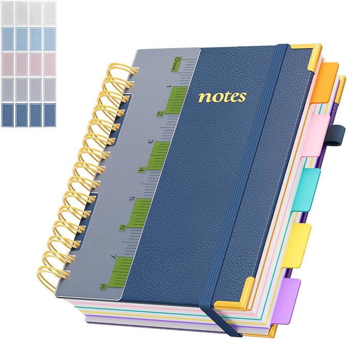 XYark A5 Hardcover Spiral Notebook, 6.3"x8.5" College Ruled Notebooks with Removable Divider Tab & Ruler, 5 Subject Notebook 300 Pages, Small Lined Journal for Women Men School Work Office, Noble Blue