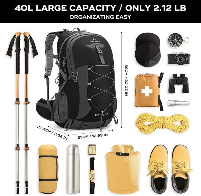 Maelstrom 40L Hiking Backpack, Lightweight Camping Daypack with Rain Cover | Water-Resistant Rip-Stop Nylon, Wet/Dry Separation, Multi-Pockets, Survival Whistle. Ideal For Men, Women, Travel, Trekking