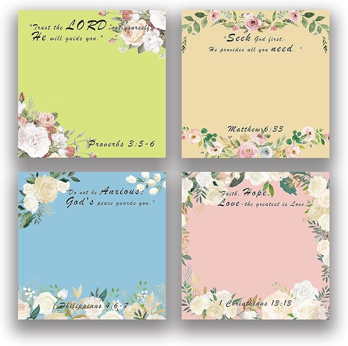 Floral Bible Verse 4-Pad/200 Sheets 3x3 Sticky Notes Set, Adorable Memo Pads with High-Adhesive, Reusable Tearable Post it Notes for Journal Planners Office School Home, Bulk Stationery Gift