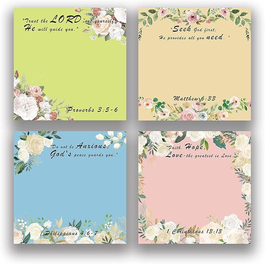 Floral Bible Verse 4-Pad/200 Sheets 3x3 Sticky Notes Set, Adorable Memo Pads with High-Adhesive, Reusable Tearable Post it Notes for Journal Planners Office School Home, Bulk Stationery Gift