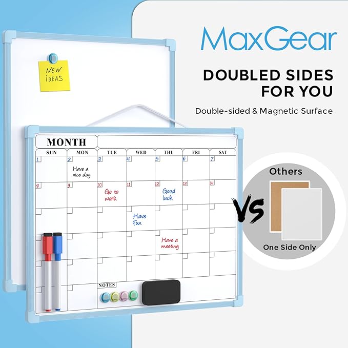 MaxGear Monthly Calendar Dry Erase Board for Wall, 16"x12" Small Hanging Double-Sided White Board, Portable Whiteboard for Planning, Drawing, Memo, to Do List, School, Home, Office, Blue Frame