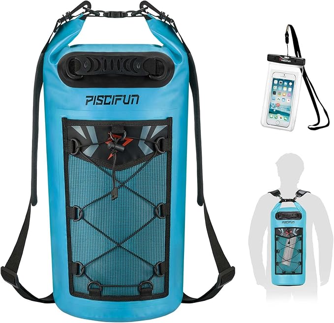 Piscifun Dry Bag, Waterproof Floating Backpack 10L/20L/30L/40L | Waterproof Phone Case, Adjustable shoulder straps, Roll-top closure keeps gear dry, Ideal for Boating, Kayaking, Fishing