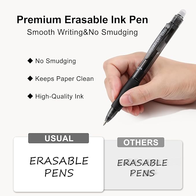 USUAL Retractable Erasable Gel Pens, 0.5mm Fine Point, 8 Black Ink Pens, Make Mistakes Disappear, Smooth Writing for Office & Back-to-School Supplies