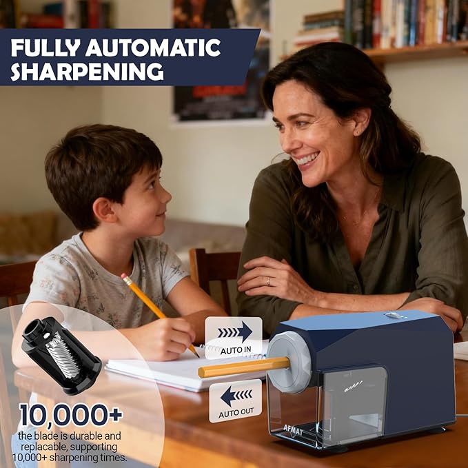 AFMAT Electric Pencil Sharpener, Fast & Hands-Free, 10K+ Uses, 5 Nibs, Fully Automatic Pencil Sharpener for Classroom, Heavy Duty Sharpeners for No.2/Jumbo/Colored Pencils (6.5-10.5mm) US Plug(120V)