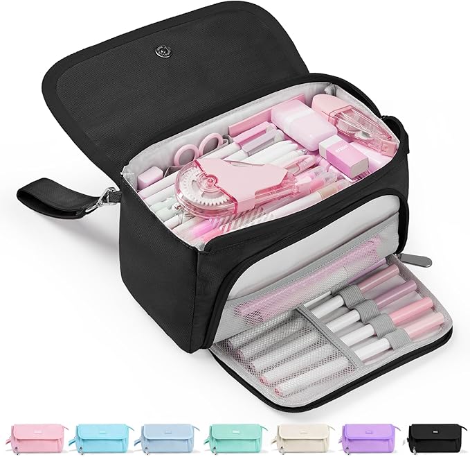 Sooez Super Large Pencil Case, Big Capacity Pencil Bag with 3 Compartments, Aesthetic Pencil Pouch with Zipper, Pencil Case Organizer, Aesthetic School Study Supplies Stuff, Black