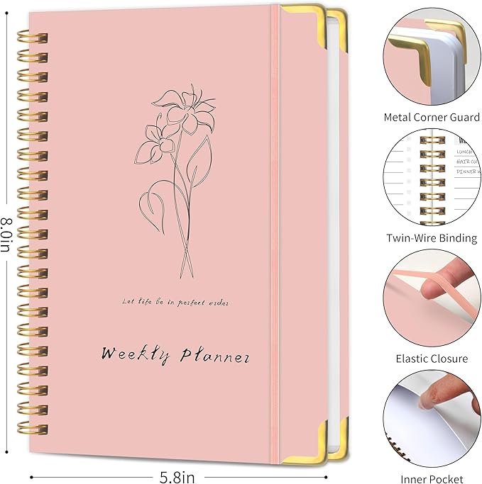 Undated Weekly Planner, Weekly To Do List Notebook with Goal & Habit Tracker Organizer, A5 5.8" x 8.0" Weekly Planner Notebook with Spiral Binding for Men or Women