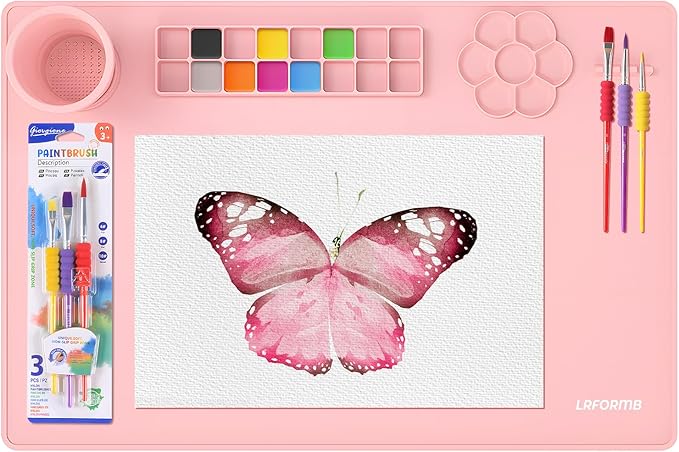 Silicone Painting Mat for Table Protection, 23.6 x 15.8in Drawing Mat with Nylon Brushes for Children, Art Mats with Cleaning Cup, Paint Palette, Clay Craft Mats for DIY (Pink)