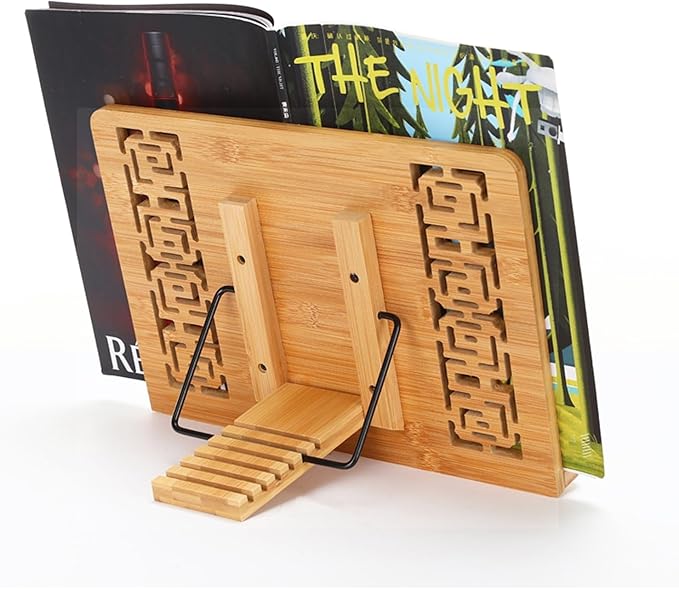 MEGREZ Book Stand for Reading (13.2 x 9.4 inch) Bamboo Cookbook Stand Holder for Kitchen, Adjustable Book Holder Stand for Tablet/Textbook Holder/Hollow Bookrest Stand, Bow