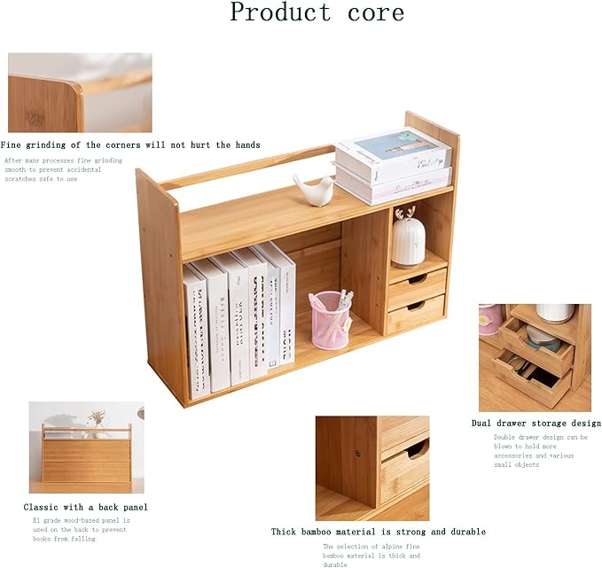 Bamboo Desktop Bookshelf with Drawers,2-Tier Desk Organizer Shelf,Small Desk Hutch with Storage for Office,Dorm,Bedroom,Home,Desk Top Bookshelf with Rounded Corners,22.8"x7.5"x18.1"
