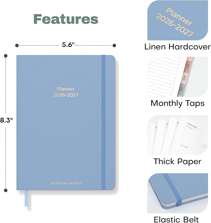 Planner 2026-2027 Monthly and Weekly Academic Planner July 2026 - June 2027, Linen Hardcover Agenda 2026-2027 Calendar Daily Planner for Student Teacher with Monthly Tabs, 6" x 8.3", Dusty Blue