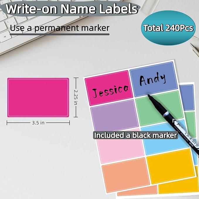 Waterproof Stickers Colorful Name Tags - 8 Colors Name Label Stickers with Pen for School, Classroom, Locker,Kitchen and Office