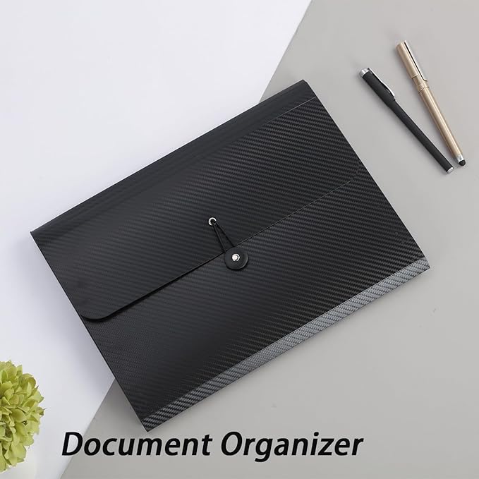 A4 Paper Document Organizer Expanding File Folder with 13 Pockets Accordion File Holder with Tabs for Home School Office, Black Plastic Material