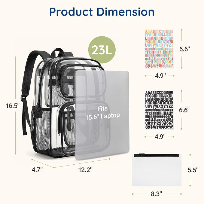 mommore Clear Backpack Set for School, Large Heavy Duty Transparent Bookbag with Pencil Bag for Boys Girls, 17 inch See Through PVC Plastic Backpack with DIY Patches for College Work Casual