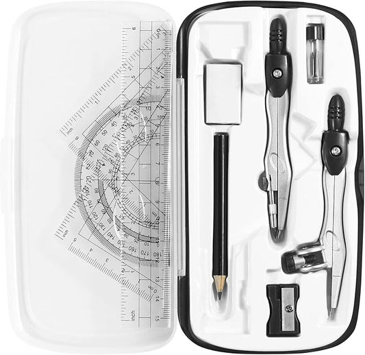 Vobou Math Geometry Kit Sets 10 Piece Student Supplies with Shatterproof Storage Box,Includes Rulers,Protractor,Compass,Eraser,Pencil Sharpener,Lead Refills,Pencil,for Drafting（Black）