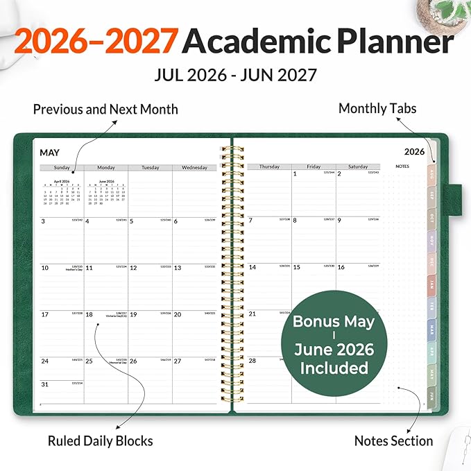 SUNEE 2026-2027 Weekly & Monthly Planner 9"x11.2" - 12 Month (July 2026 - June 2027), Vegan Leather Cover Planner Academic Year Calendar, Pocket, Notes, Monthly Tab, Deep Green