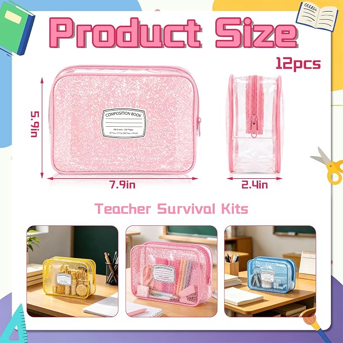 Suclain 12 Pcs Back to School Teacher Gift, Teacher Survival Kit Bag, Colorful Composition Book Zipper Cosmetic Pouches, Transparent PVC Pencil Case Waterproof Toiletry Makeup Bag for School Supplies