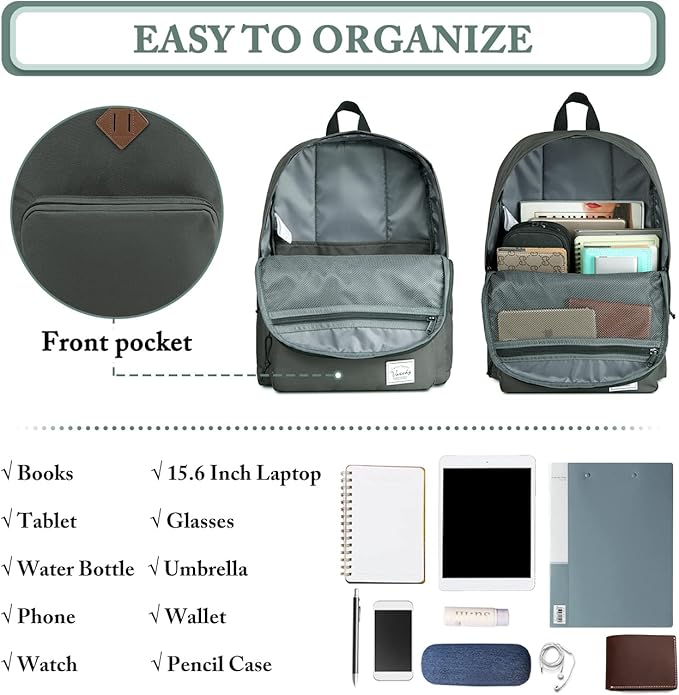 VASCHY School Backpack, Ultra Lightweight Backpack for Men Women Bookbag for Kids Teen Boys Girls Gray
