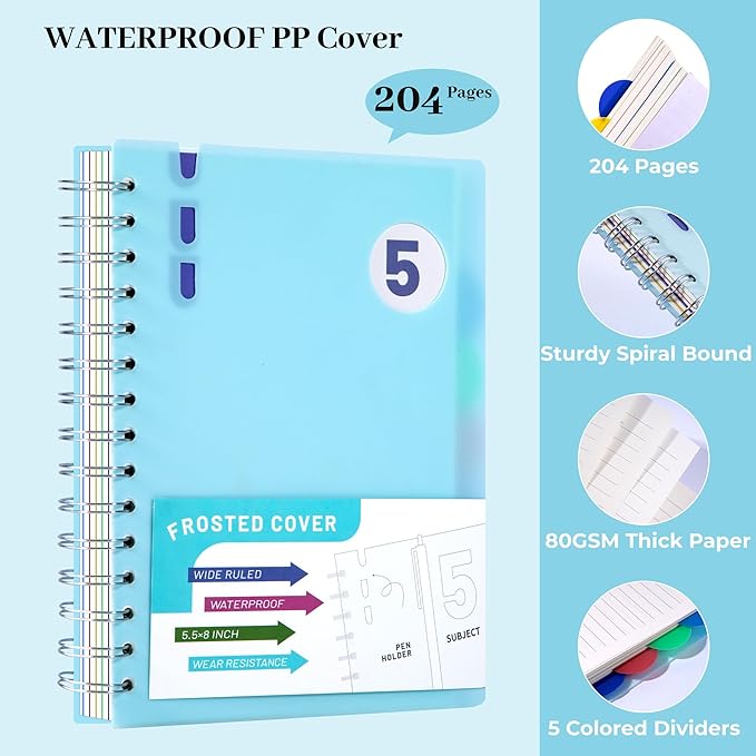 FLYING EAGLE 5 Subject Notebook Wide Ruled Spiral Notebook 5x7, A5 Small Notebook with Remoable Dividers, Hardcover Notebooks for Work, 204 Pages Lined Journal for Women,Teal Blue