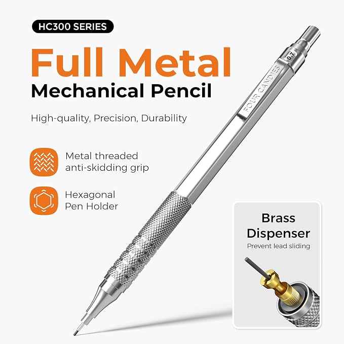 2PCS Metal Mechanical Pencil Set, 0.5mm+0.7mm, Storage Case, Silver | 360PCS HB Lead Refills, 3 Erasers, 9 Eraser Refills, for School Writing, Sketching, Technical Drawing, Art Projects