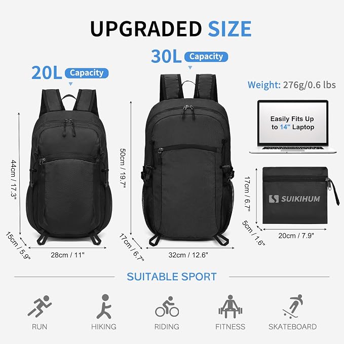 30L Large Hiking Daypack, Foldable Outdoor Backpack, Black | Packable Daypacks for Men Women, Lightweight Water-Repellent Collapsible Daypack for Commuting Outdoor Sports Camping