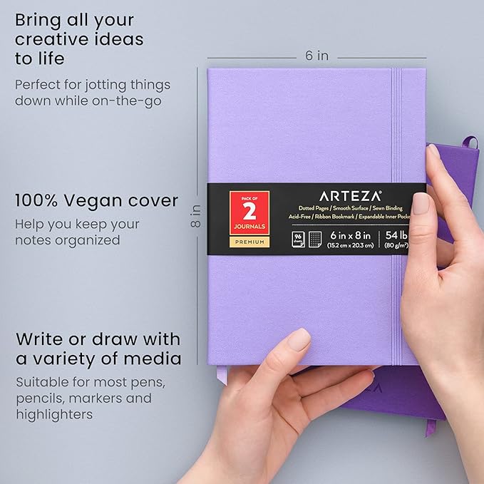 ARTEZA Dotted Journals, Pack of 2, 6x8 Inches, 96 Sheets, Lavender and Purple, Hardcover Notepads with Smooth Paper