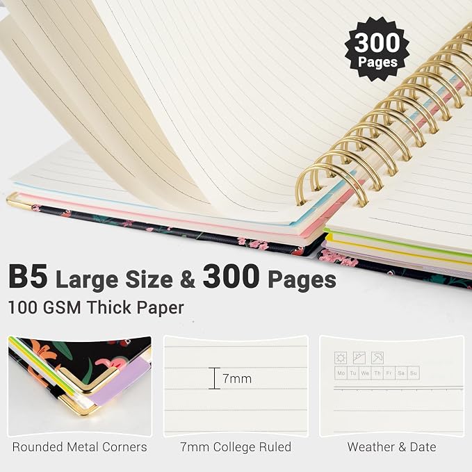 Hardcover Spiral Journal Notebook, 300 Pages 5 Subject Notebook College Ruled with Removable Dividers Tabs, 8" x 10" Notebooks for Work, Spiral Ruled Lined Writing Journal Hardcover Leather Notebook for School (Black Floral, 8''x 10'')