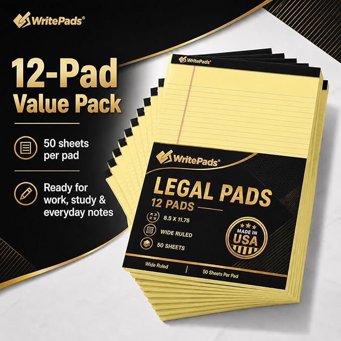 Legal Pads 8.5 x 11.75 Inch Wide Ruled Writing Pads, 12 Pack Note Pads - Yellow Perforated Paper with Hard Back, 50 Sheets Per Pad, No Bleed Notepad Paper for Office, School, Business MADE IN USA