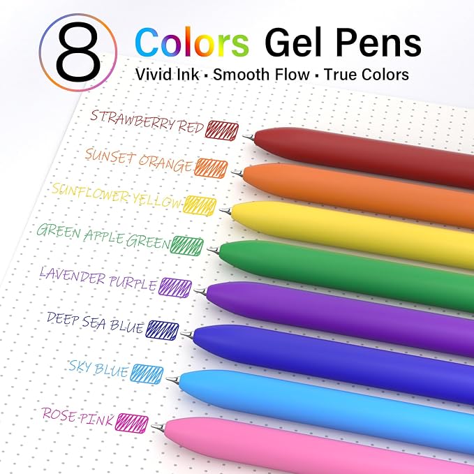Colored Gel Pens, 8 Pack Fidget, 0.7mm Vibrant Color Ink No Smudge