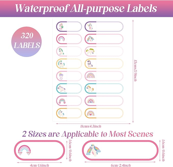 Waterproof Name Labels for Kids Daycare 320 Pcs, Pink Unicorn Style | Self Adhesive Baby Water Bottle Stickers for School Supplies, Self Laminating, School Name Stickers for Lunch Boxes